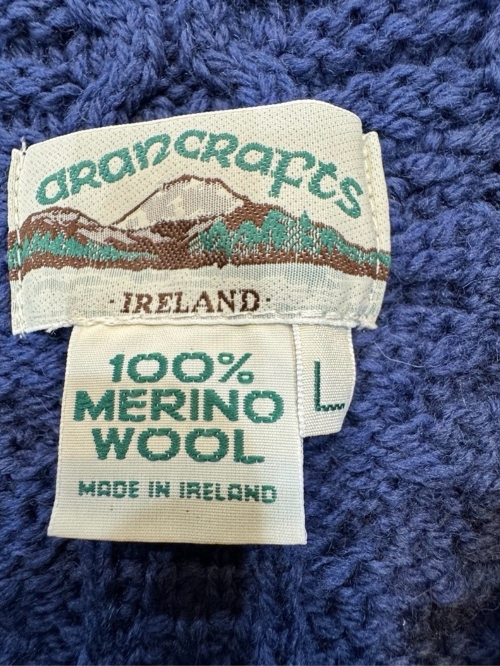 Vintage Aran Crafts Large 100% Merino Wool Cable Knit Sweater Ireland Blue - Picture 2 of 8